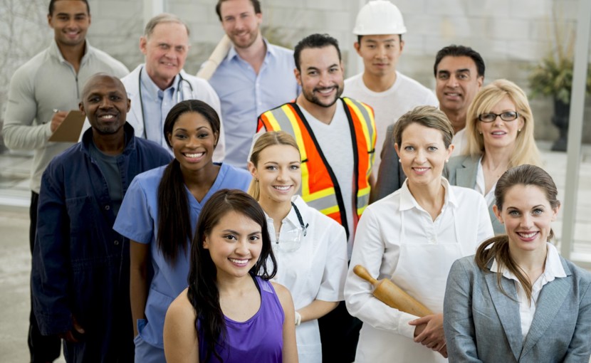 Group of people representing various occupations, such as baker, construction worker, and doctor.