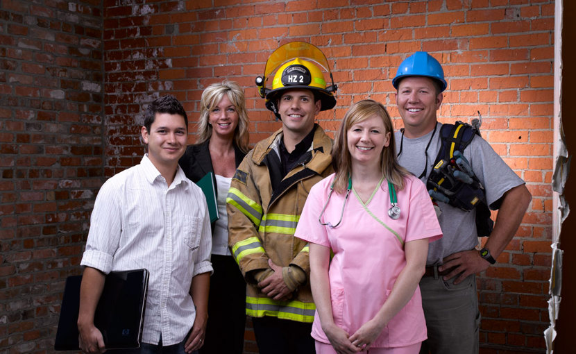 Group picture of people wearing attire typical of different occupations