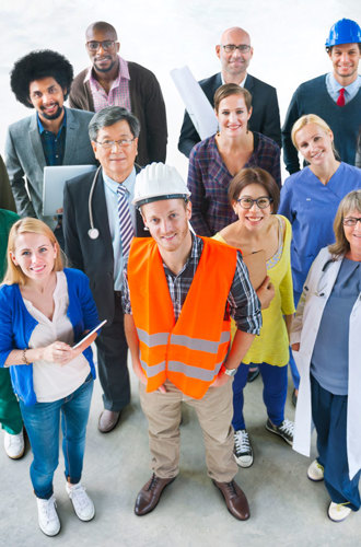 Group photo of people in different occupations 