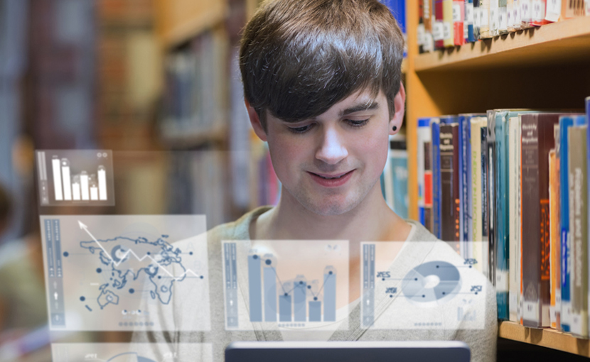 Student looking at a table with graphic overlay of graphs coming out from the tablet