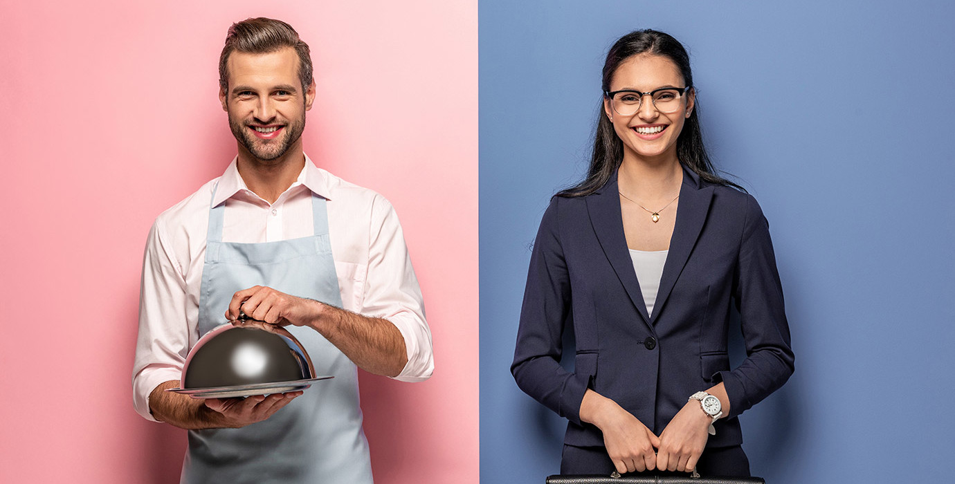 2 people carrying different work items.
