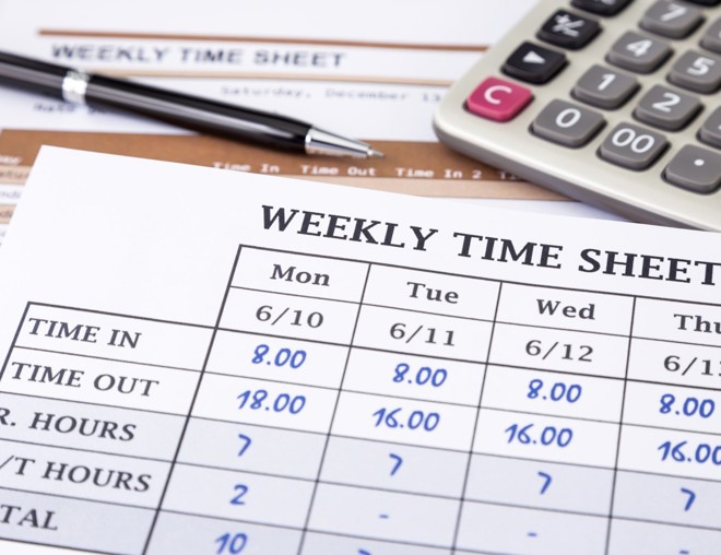 A worker's weekly time sheet showing when they clocked in and out each day, and how many total hours they worked.
