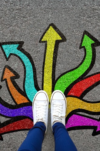 Feet on top of arrows pointing in multiple directions. 