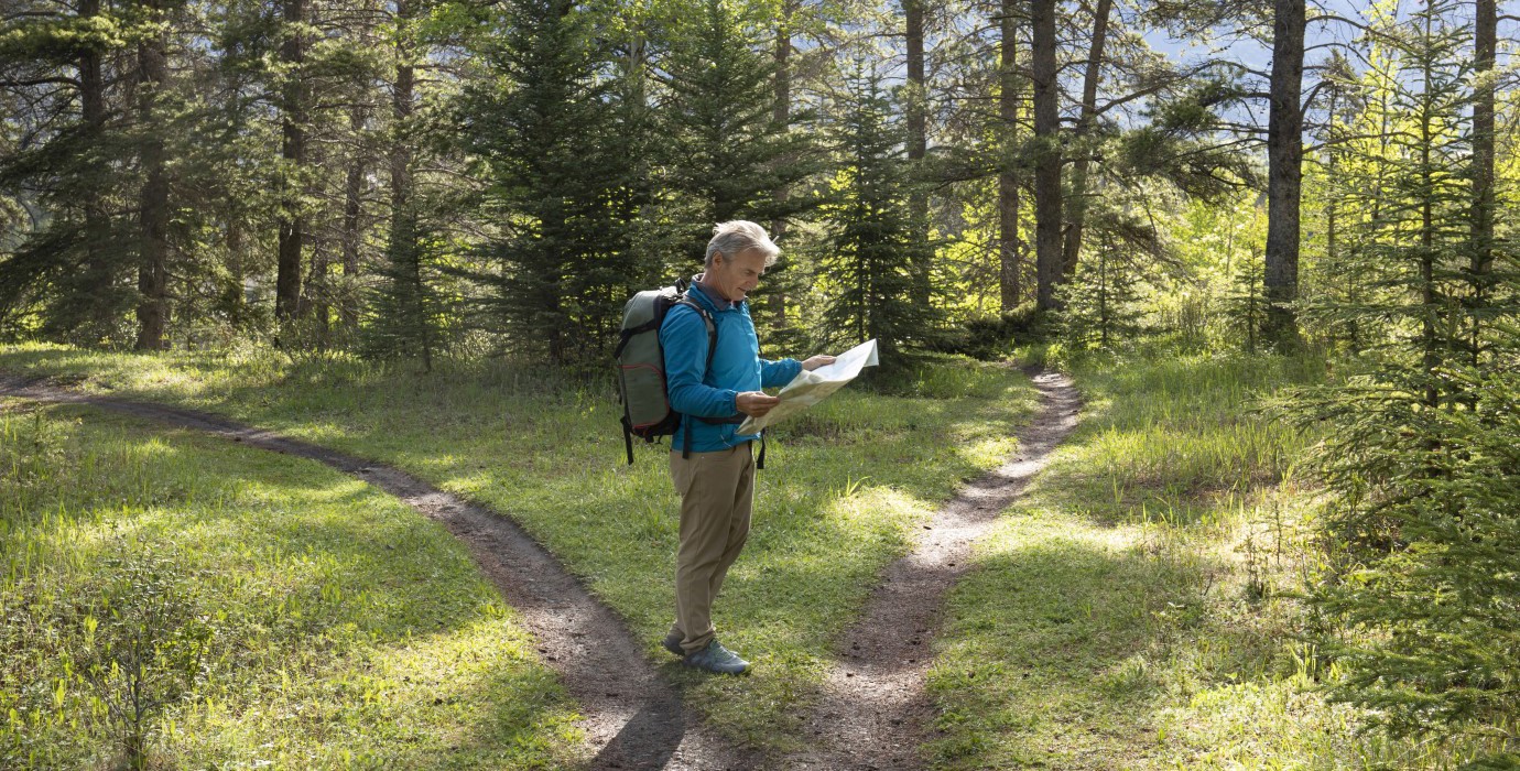 Hiker stopped at a fork in the path and looking at map. 