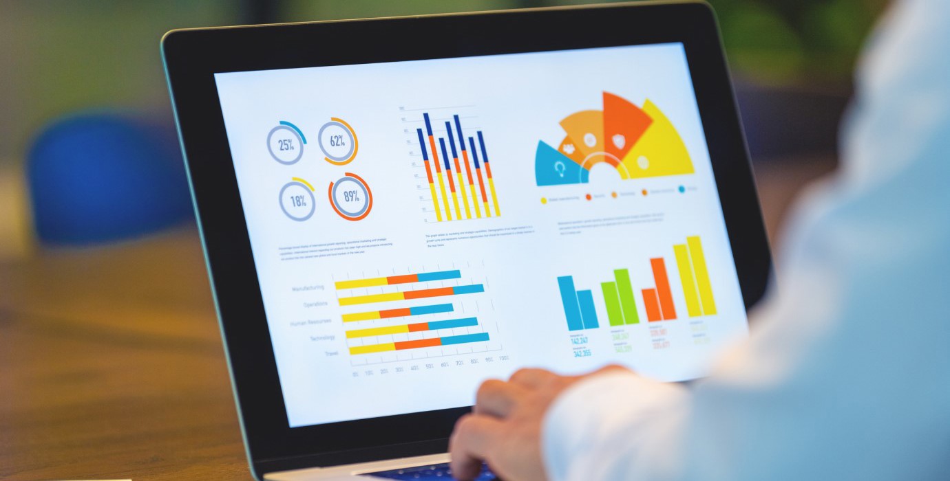 Person looking at graphs and charts on laptop. 