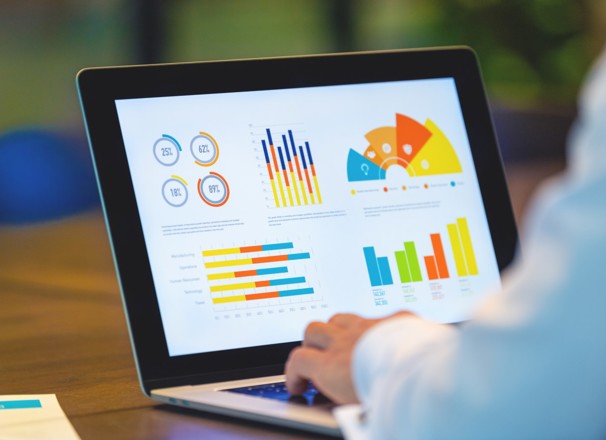 Person looking at graphs and charts on laptop. 